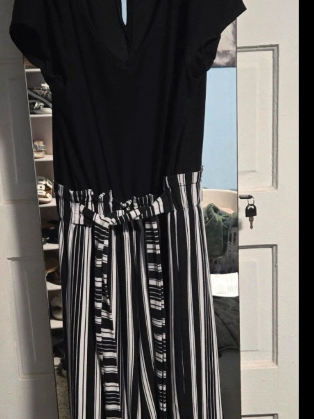 just be Black Top with Black & White Striped Wide-Leg Jumpsuit